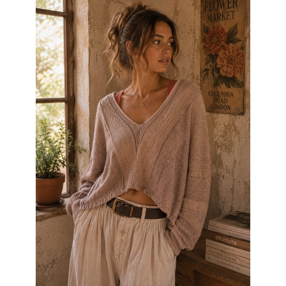 Free People Womens Mauve Tan Mixed Stitch Cropped V-Neck Sweater Size M